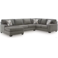 3-piece left-arm facing sectional sofa with chaise in greystone polyester upholstery featuring textured fabric, accent pillows, and contemporary styling.