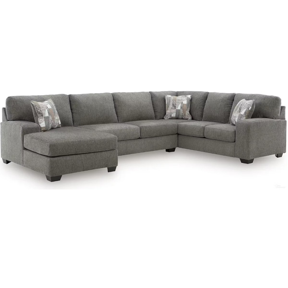3-piece left-arm facing sectional sofa with chaise in greystone polyester upholstery featuring textured fabric, accent pillows, and contemporary styling.