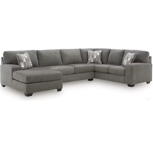 3-piece left-arm facing sectional sofa with chaise in greystone polyester upholstery featuring textured fabric, accent pillows, and contemporary styling.