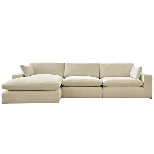 3-piece left-arm facing sectional with chaise in linen polyester upholstery featuring modular seating, reversible cushions, wide track arms, and contemporary styling.