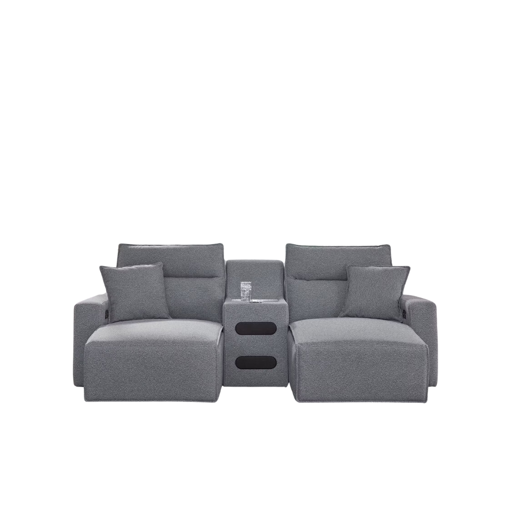 3-piece power reclining sectional with chaise in salt and pepper Next-Gen Nuvella performance fabric featuring dual reclining chaises, center audio console, adjustable headrests, and modern modular design.
