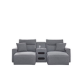 3-piece power reclining sectional with chaise in salt and pepper Next-Gen Nuvella performance fabric featuring dual reclining chaises, center audio console, adjustable headrests, and modern modular design.