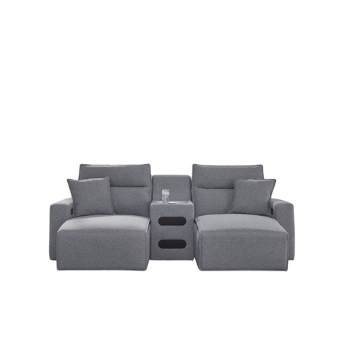 3-piece power reclining sectional with chaise in salt and pepper Next-Gen Nuvella performance fabric featuring dual reclining chaises, center audio console, adjustable headrests, and modern modular design.