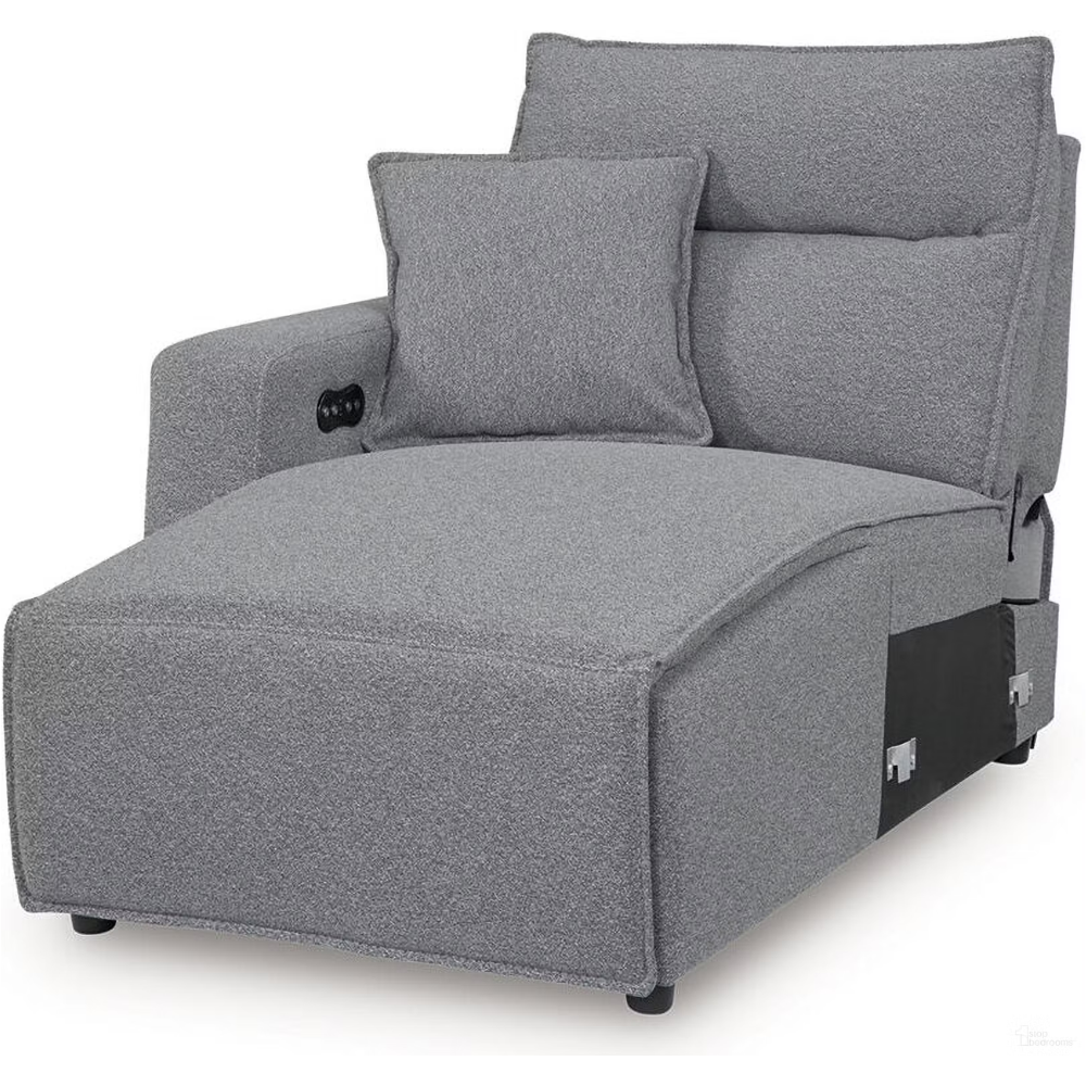 3-piece power reclining sectional with chaise in salt and pepper Next-Gen Nuvella performance fabric featuring dual reclining chaises, center audio console, adjustable headrests, and modern modular design.